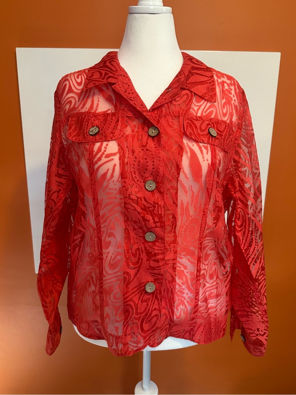 Coldwater Creek Red Sheer Burnout Floral Lace Button Front Jacket Top - 1X